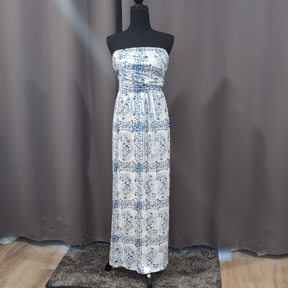 Grace Karin Elegant Strapless Dress in Blue and White